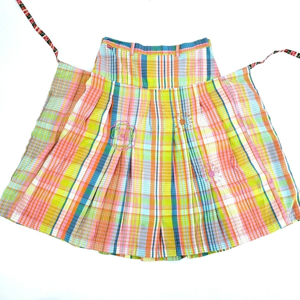 Oilily Plaid Embroidered Tie Waist Skirt Girl Size 152 10-12 US Peasant Farm New